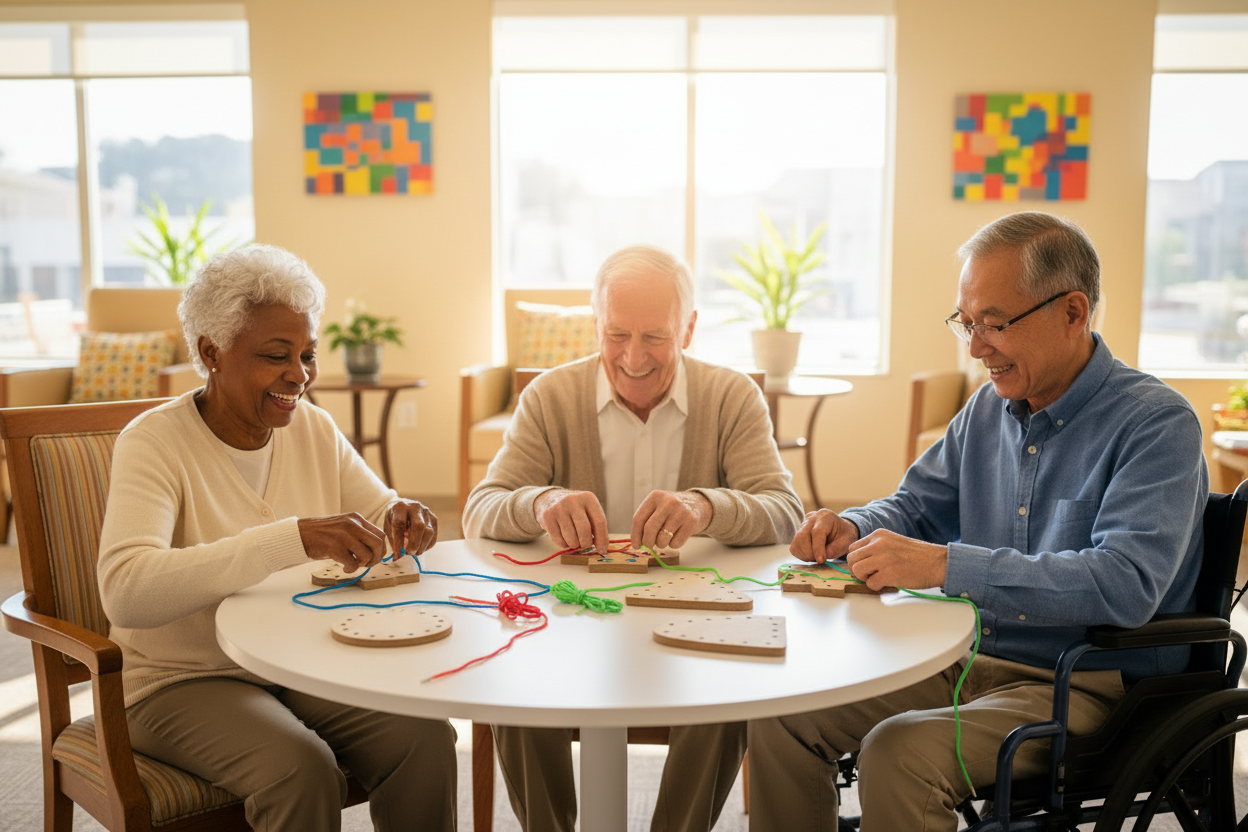 Three elderly people sitting around a table, engaged in an activity together.