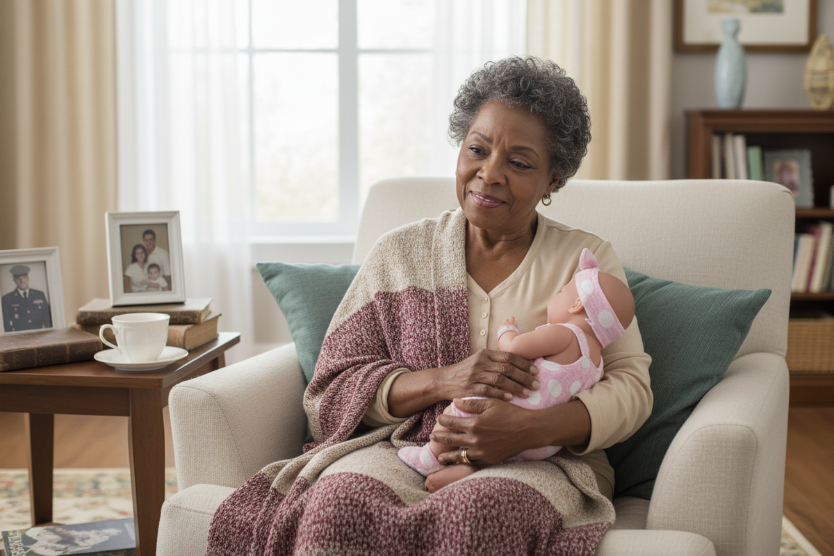 Woman holding a baby in a cozy living room setting memory care