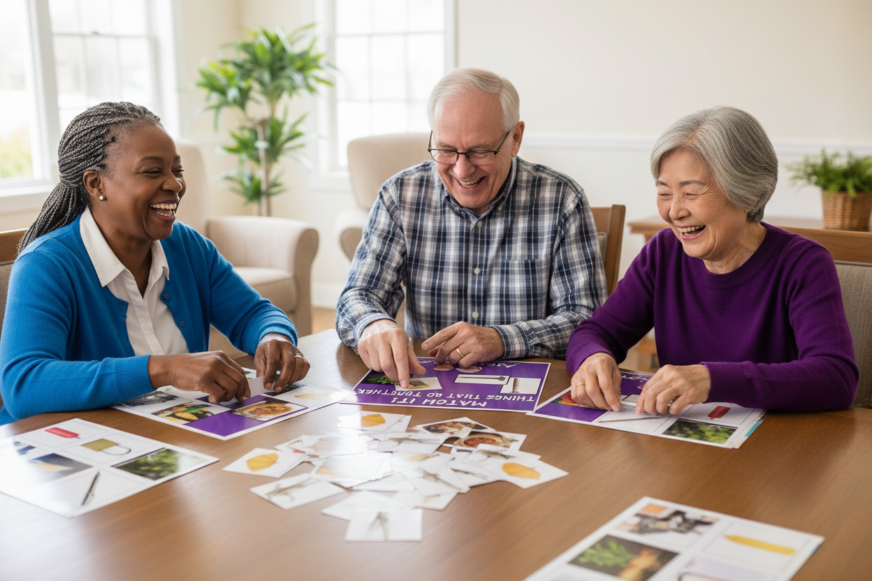 Three multicultural seniors playing Match It game