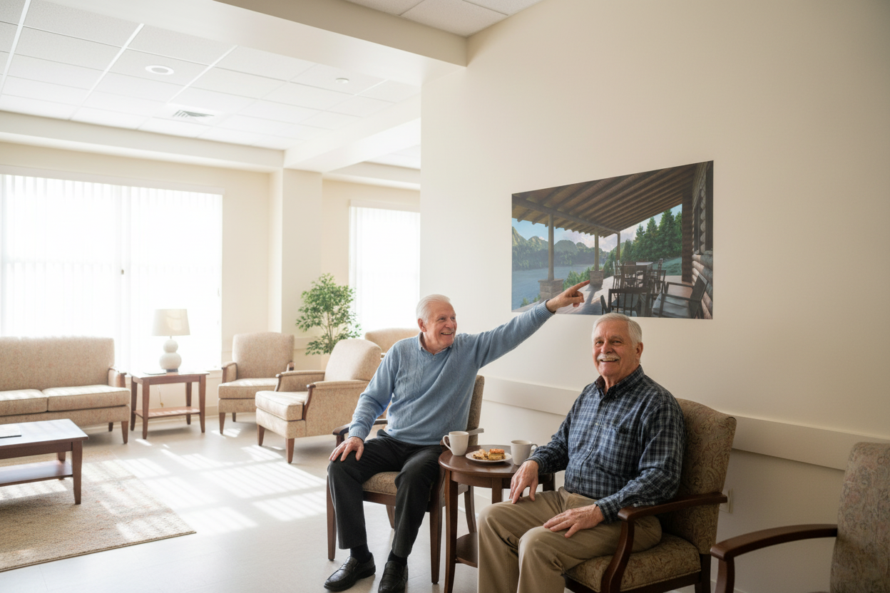 Two elderly men in a living room with a cabin mural on the wall