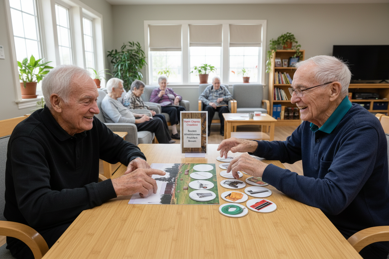 Two elderly senior men playing Farm Chores game with checklist and stand on table