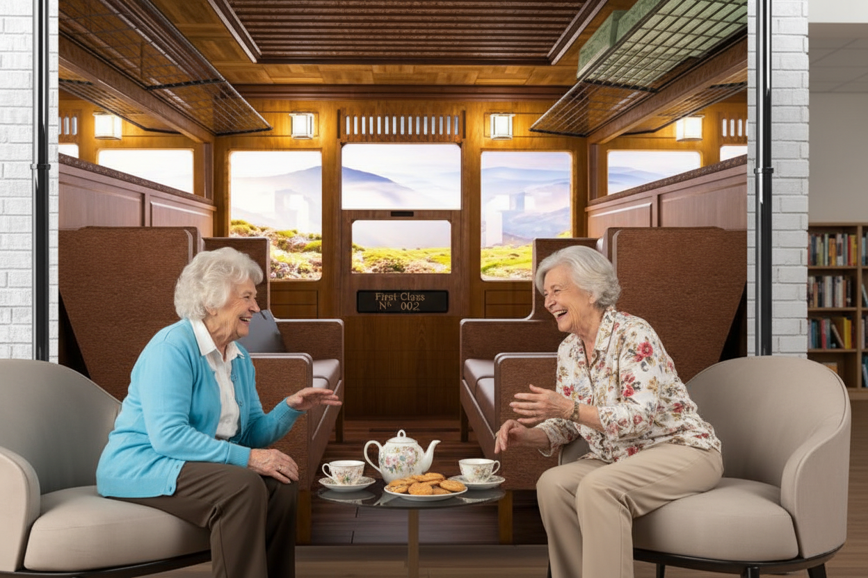 Two ladies enjoying tea and cookies with Pop-Up ReM Spaces On The Road banner