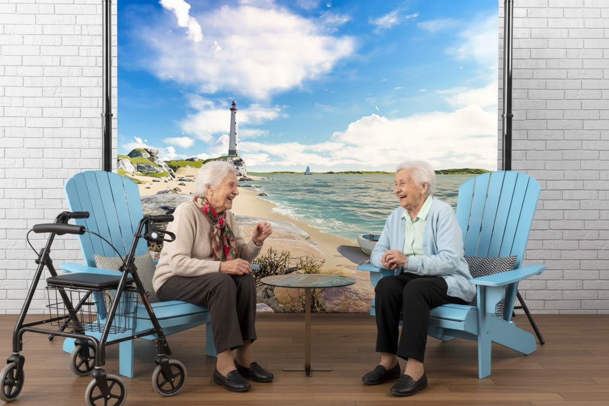 ladies laughing in blue chairs with walker - Lake and Sea