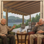 Two senior men laughing and relaxing in front of cabin banner