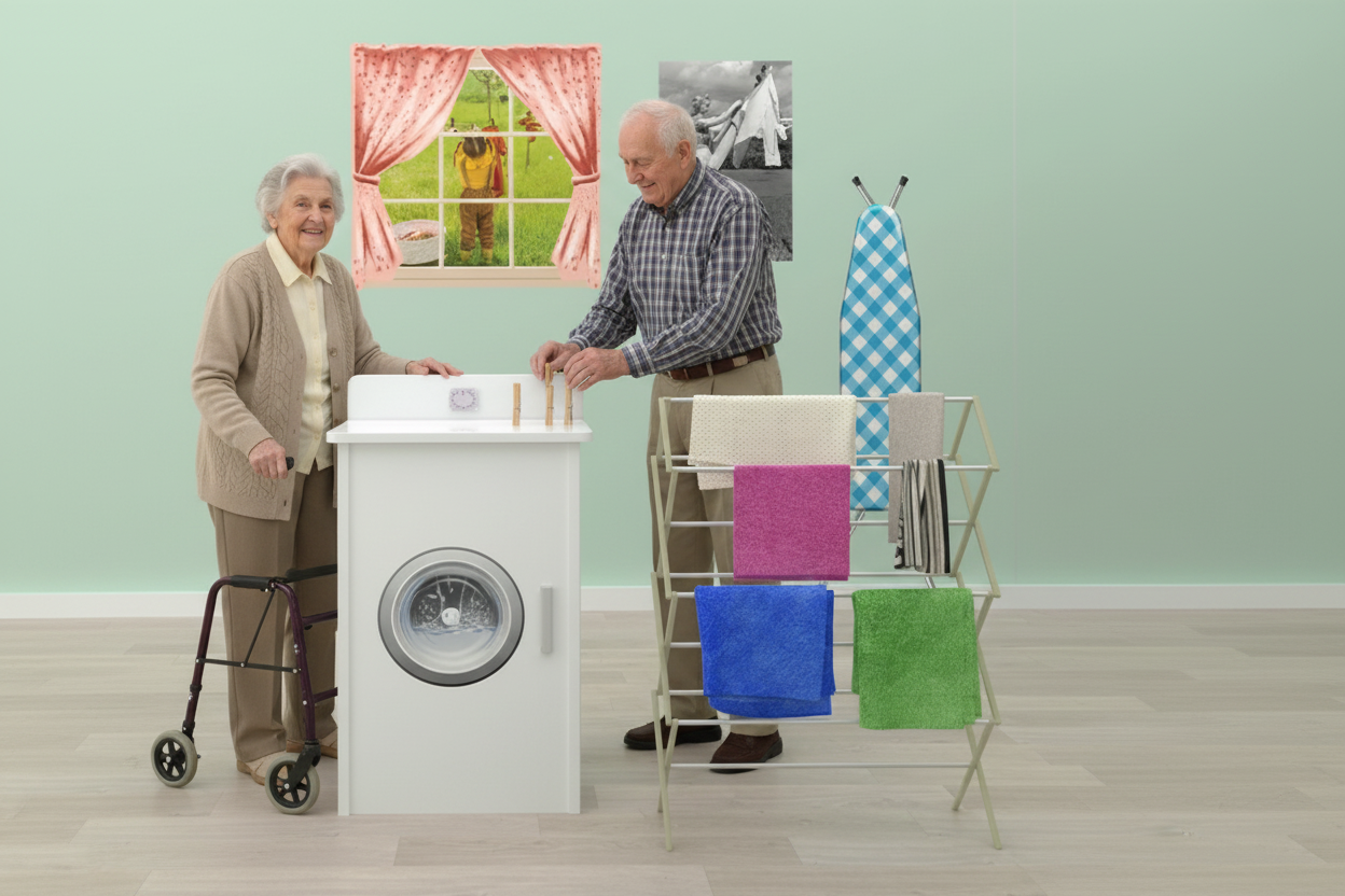 Two seniors using Laundry Life Skills Station