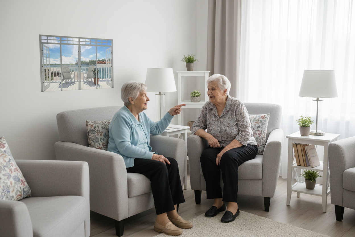 Two women sitting on a couch in a living room, engaged in conversation.