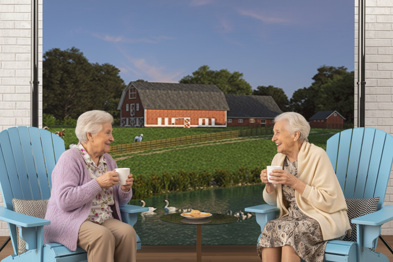 Two women talking with coffee in blue Adirondack chairs