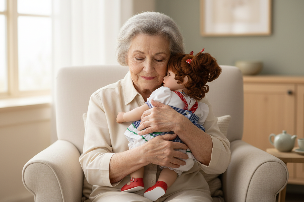 Senior woman holding Dorothy Therapy Doll for Dementia and calming