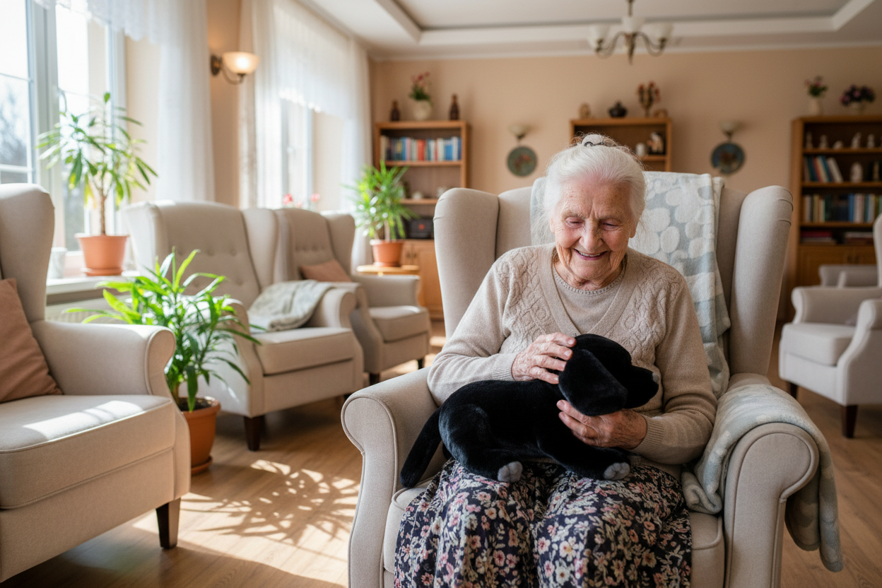 woman-holding-smaller-black-labrador-warming-therapy-pet