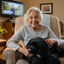 woman with stuffed black Lab therapy pet's 