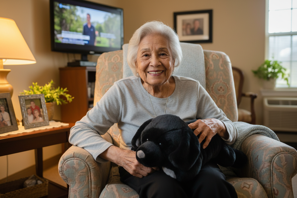 woman with stuffed black Lab therapy pet's 