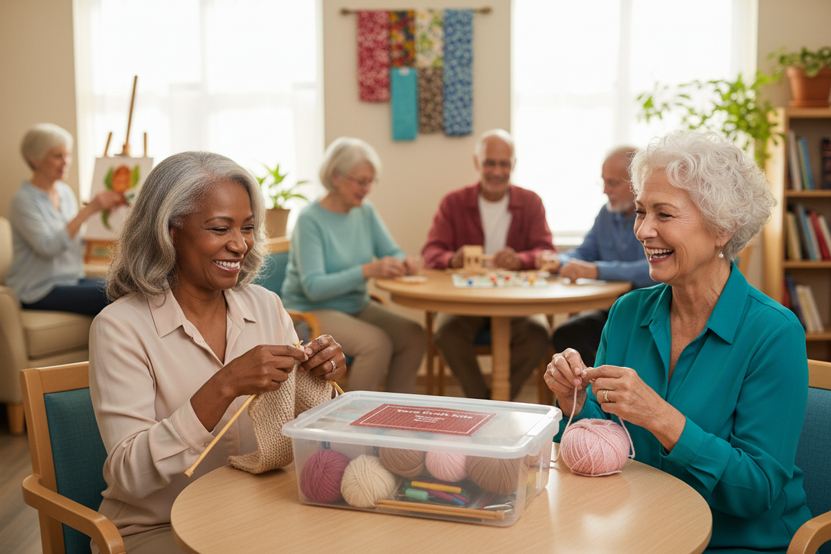 Two women enjoying the Yarn Craft Kit in a memory-care activity room